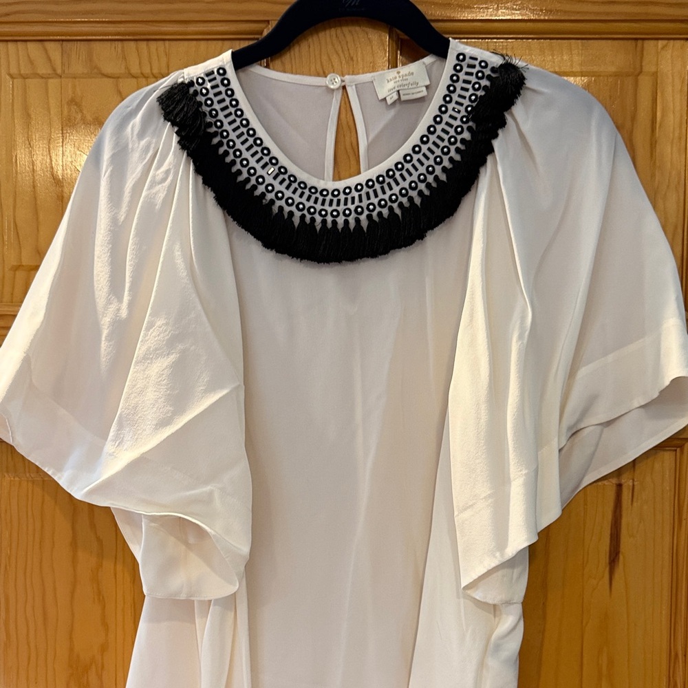 kate spade Cream Silk Blouse with Black Tassel Embellished Collar